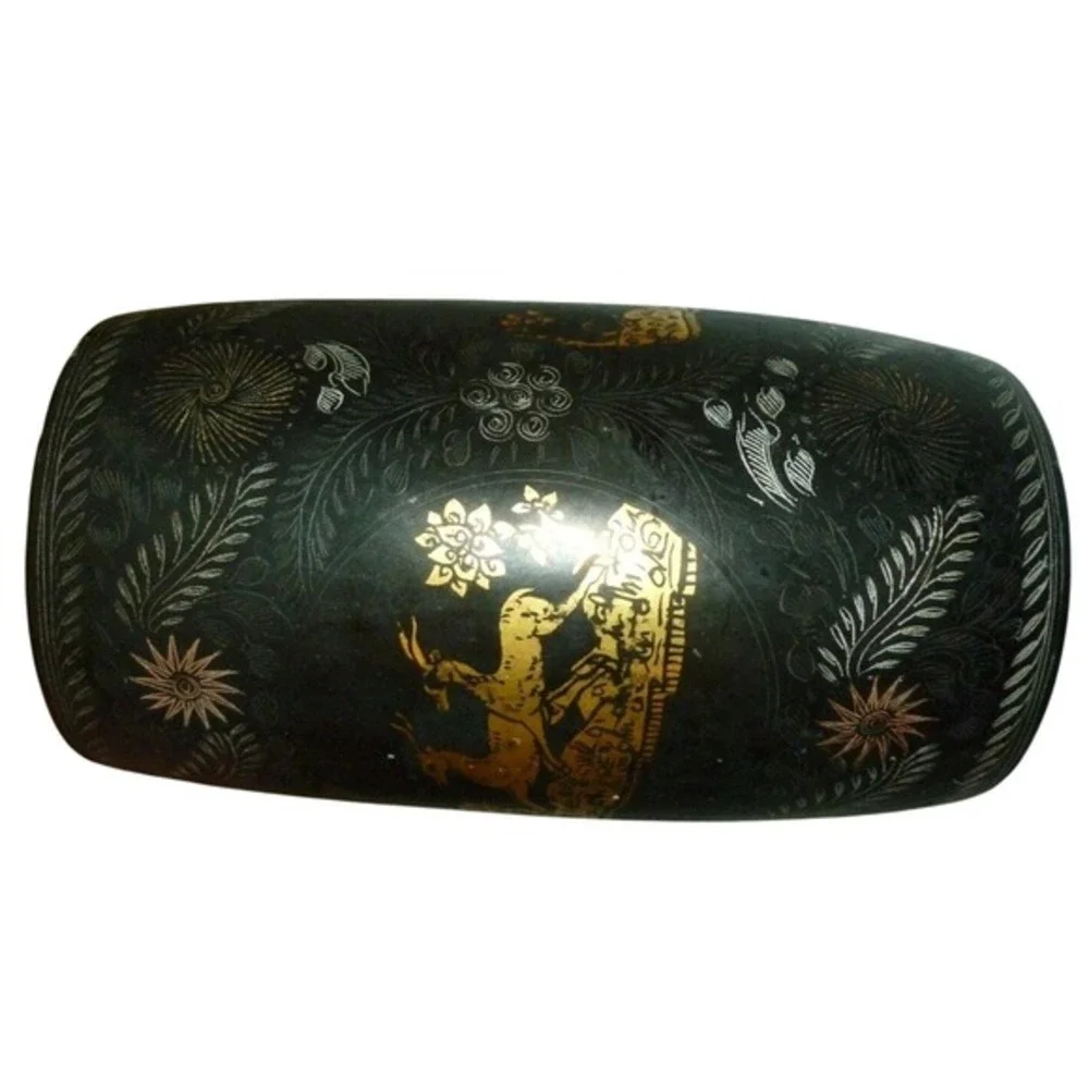 Vintage Hand Painted Lacquered Wood Cylinder Vase‎ - MCM Deer Sunburst Design